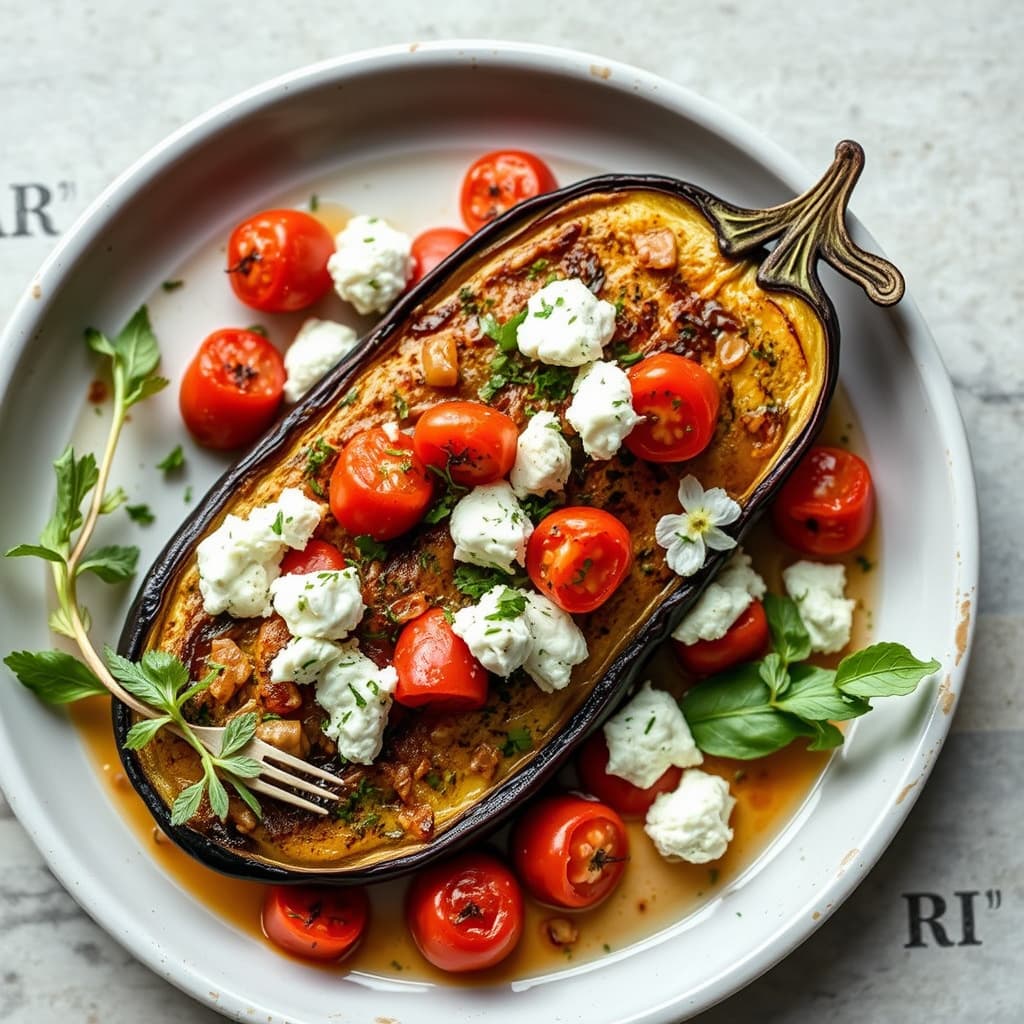Herbgrillet aubergine med tomater og fetaost
