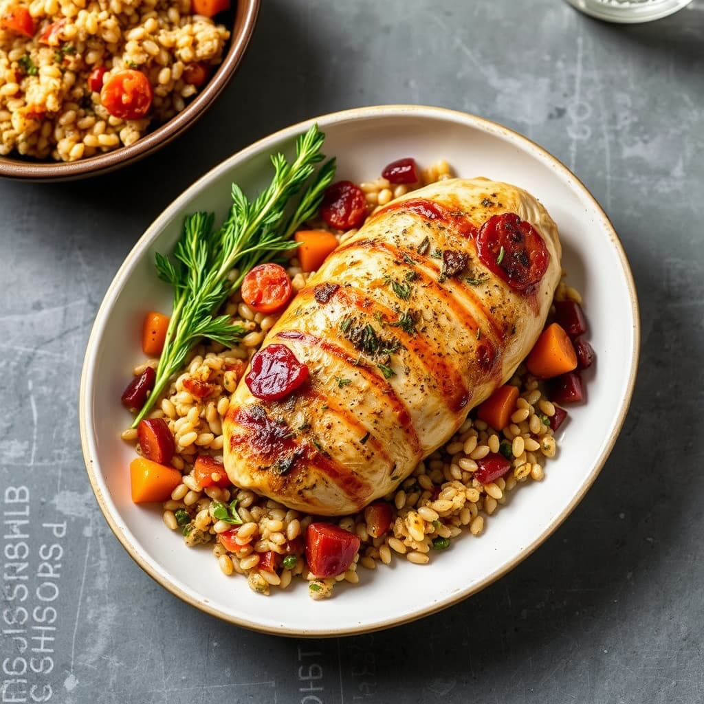 Herdebakt kylling med perlebyg, bacon og rotgrønnsakspilaf