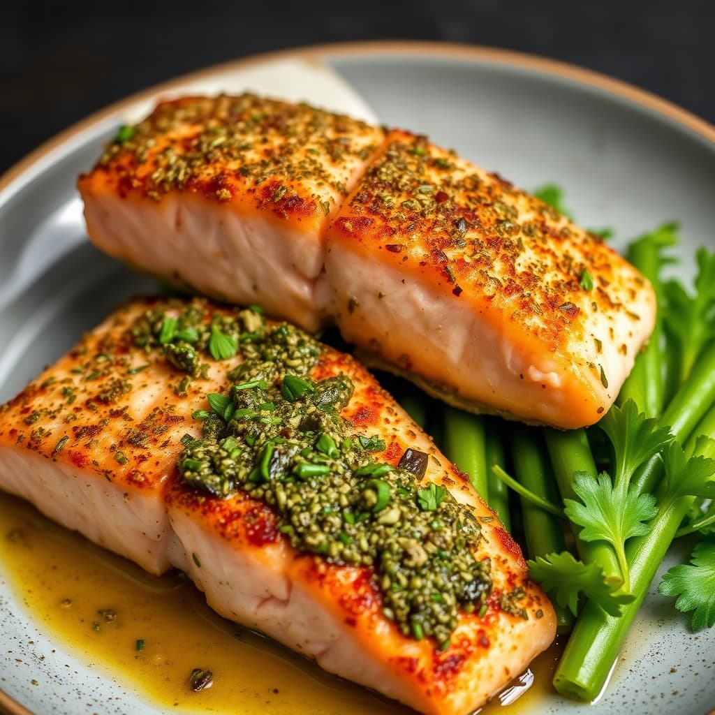 Herdet laksfilet stekt i smør med urteskorpe og pistou