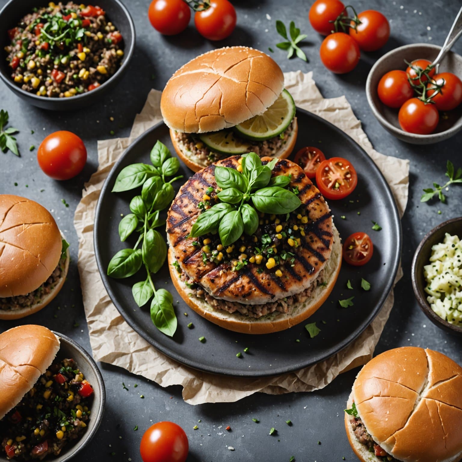 Herlige tunfiskburgere med tapenade og tomater