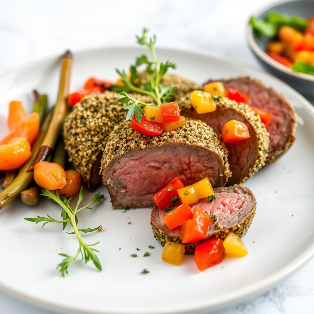 Hervet og hvitløkskronet oksefilet med paprika- og gulpeppersalsa