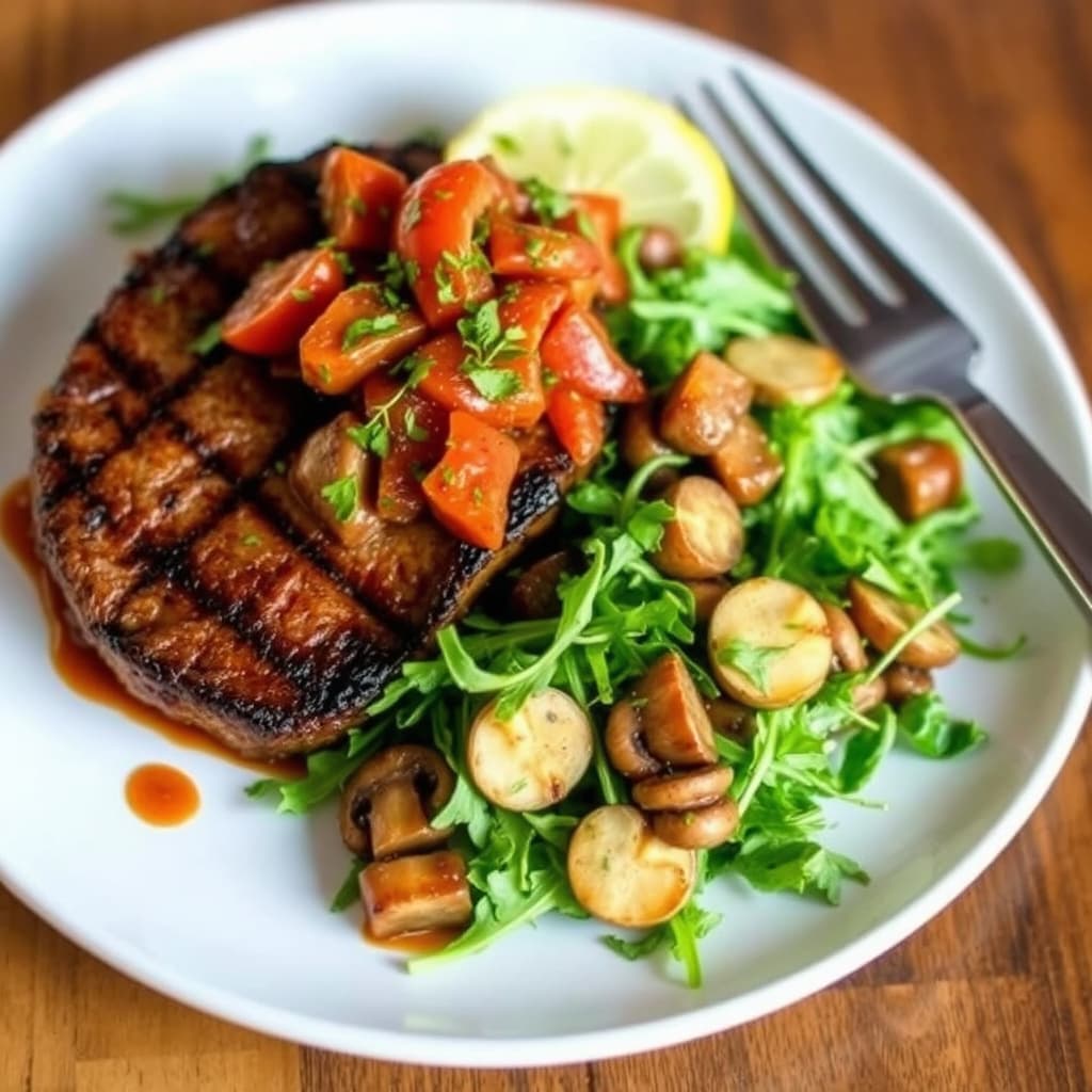 Hickory-grillet cowboyribbe og tomat- og vill-sopp-ragout på ruccolasalat