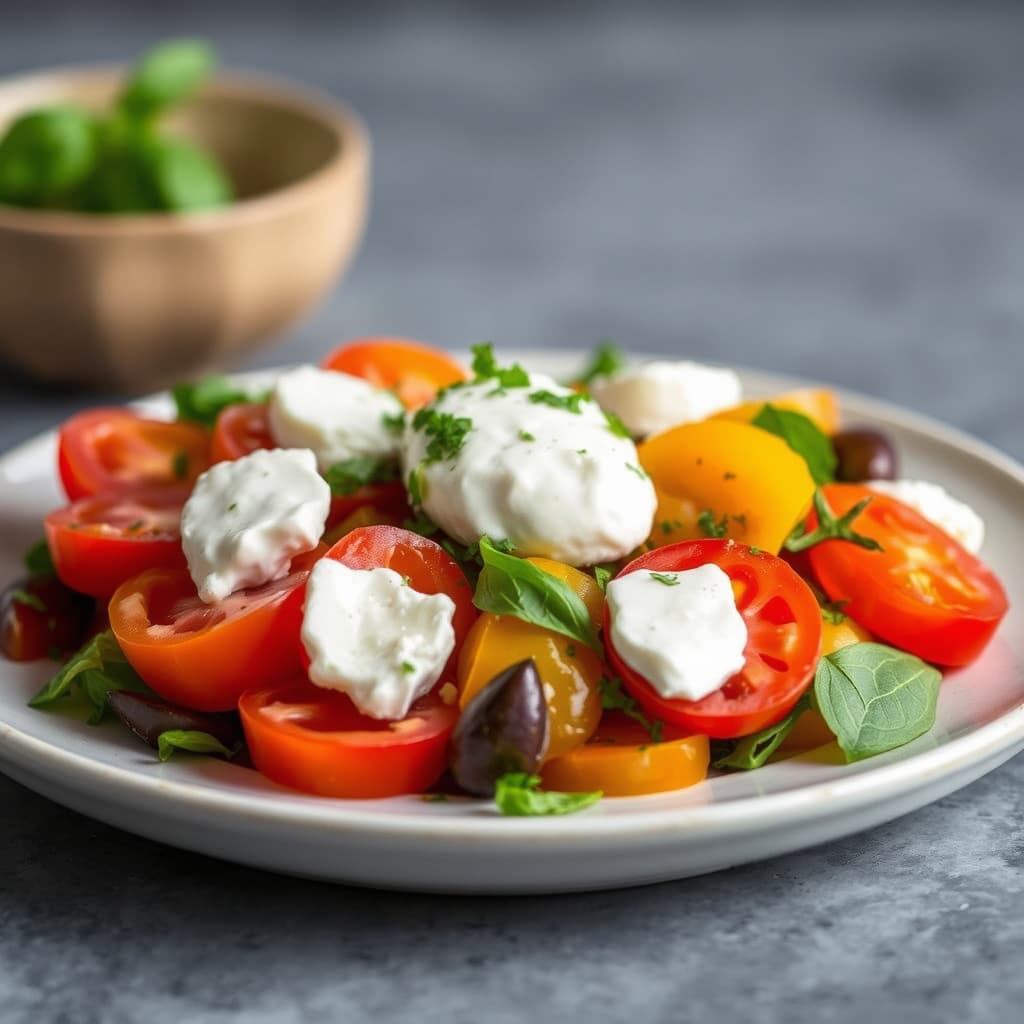 Hjemmedyrket tomatsalat med burrataost