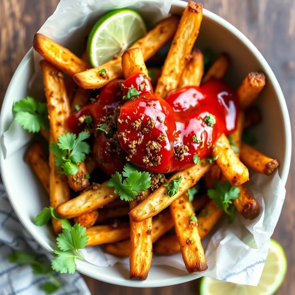 Hjemmefrites med za'atar, rød chili, koriander, lime og nellikduftende ketchup