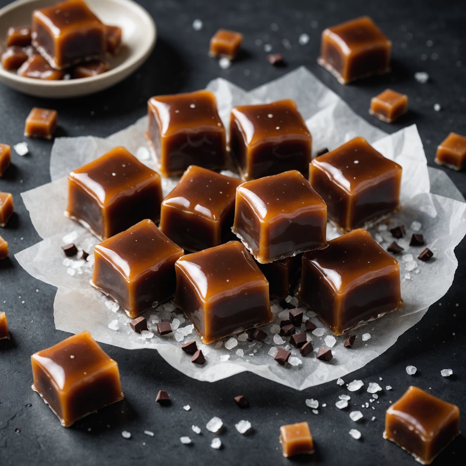 Hjemmelagde karameller med mørk sjokolade og havsalt