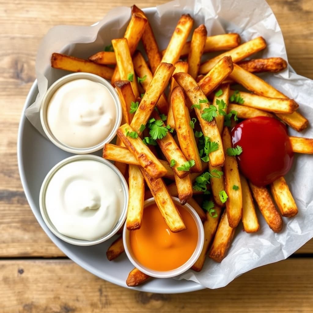Hjemmelagde pommes frites med fem dippsauser
