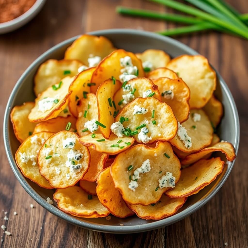 Hjemmelagde potetgull med blåmuggost og gressløk