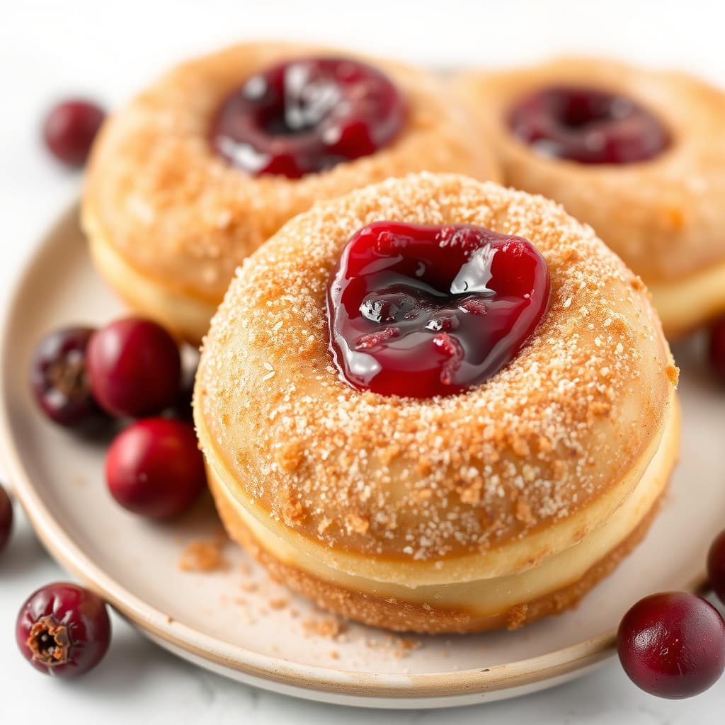 Hjemmelagde smultringer med kanel- og sukkerstrø og tranebærsyltetøy