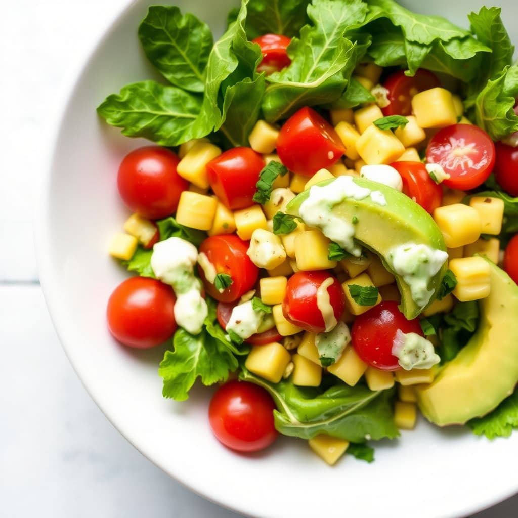 Hjertesalat, mais, cherrytomater og avokadosalat med grønn løk- og kokosdressing