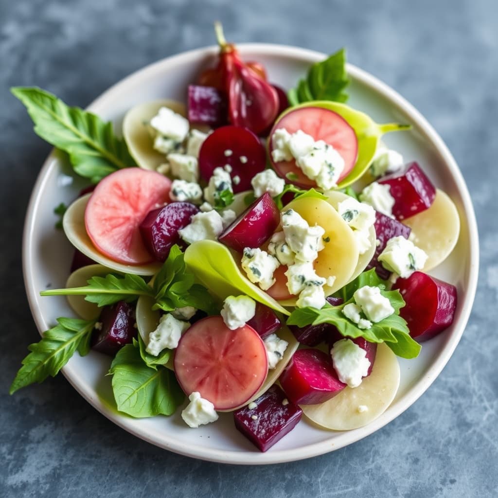 Hjertesalat med palmeskudd, rødbeter og blåmuggost
