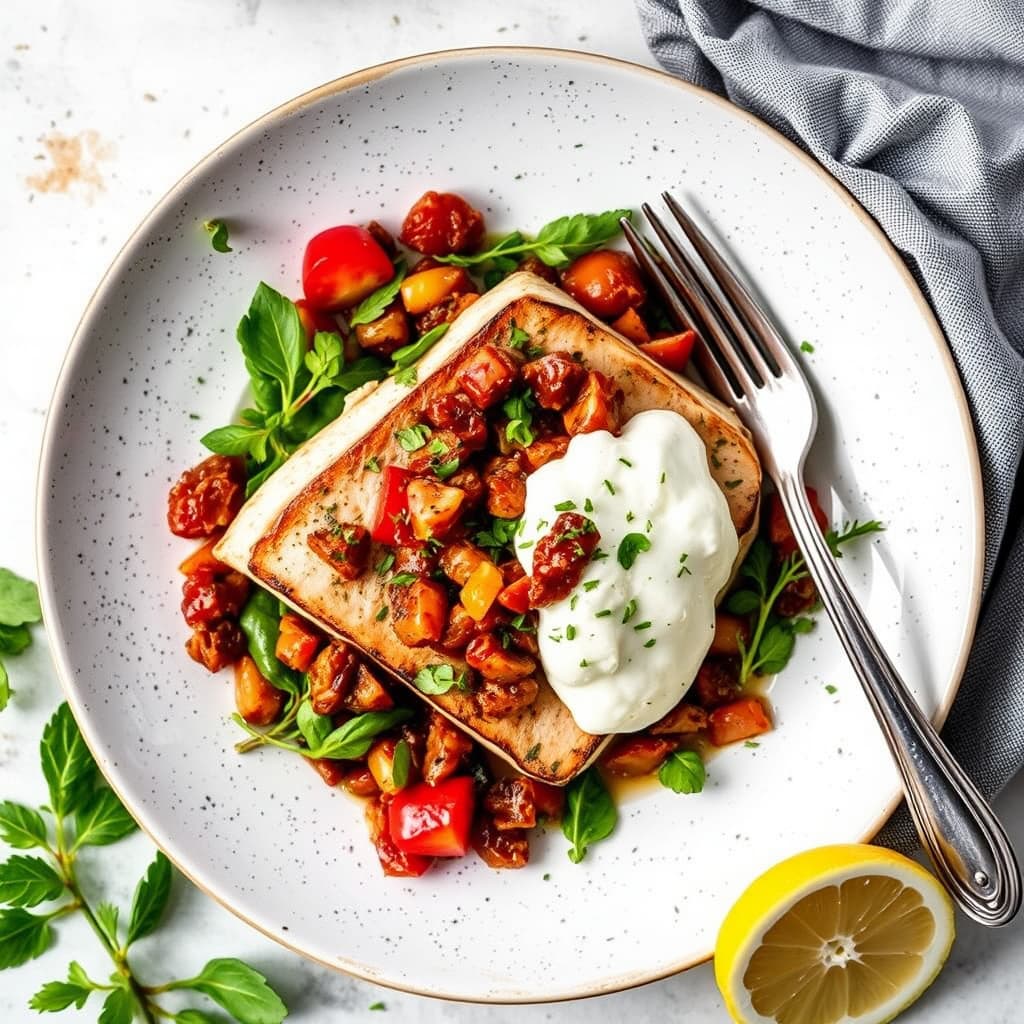 Hjertestekt tunfisk med caponata og varm sitronkrem fraiche