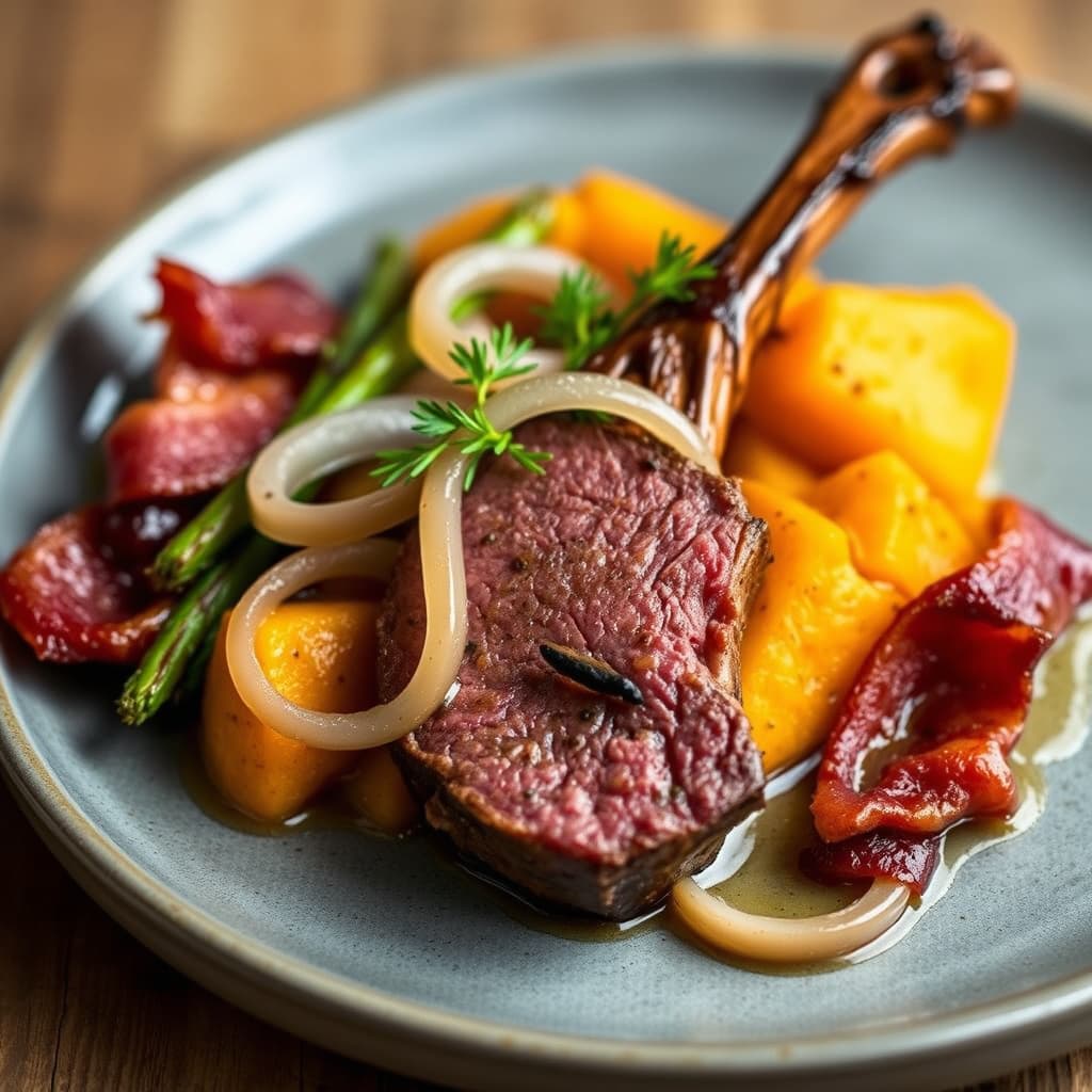 Hjorteloin med søtpotet, perleløk og røkt bacon