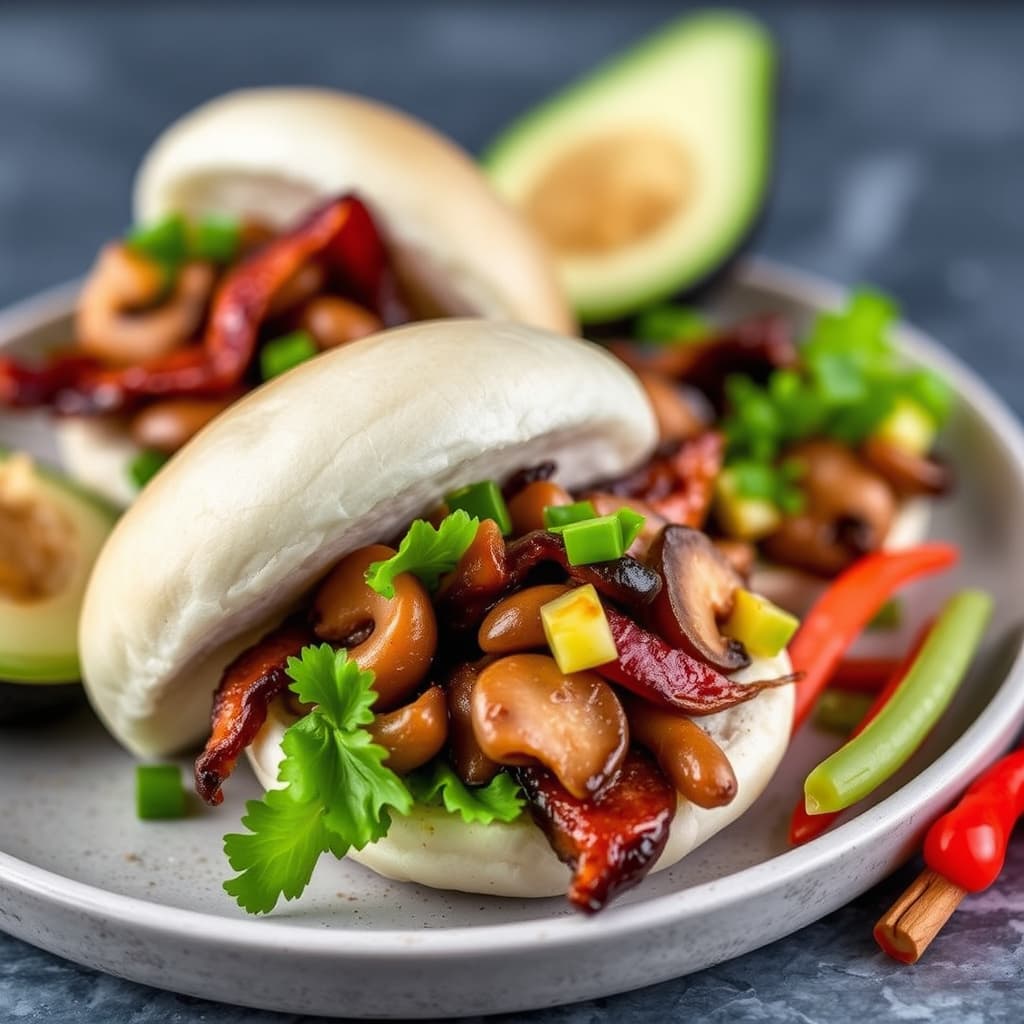 Hoisin-glassert baconbao med sauterte sopp og syltegrønnsaker
