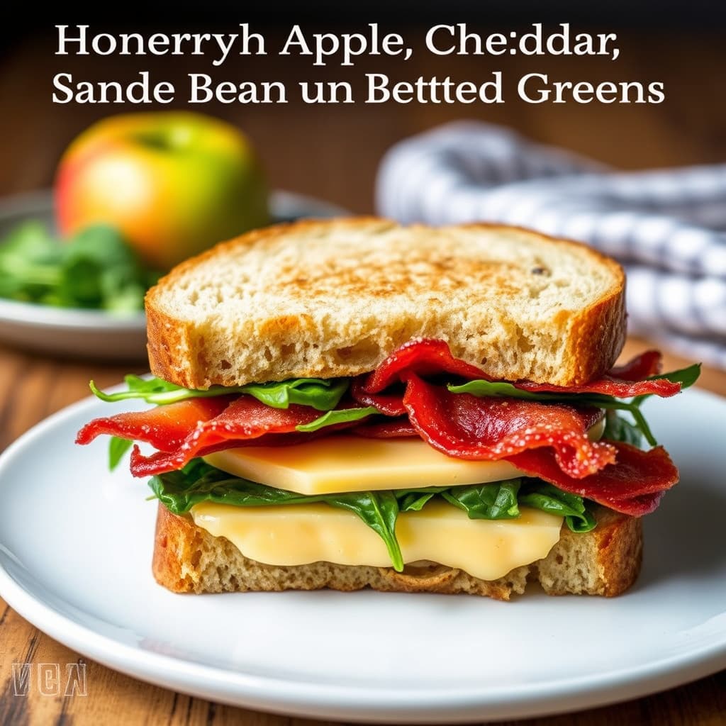 Honeycrisp eple, cheddar, bacon og bitre grønne salatblader sandwich