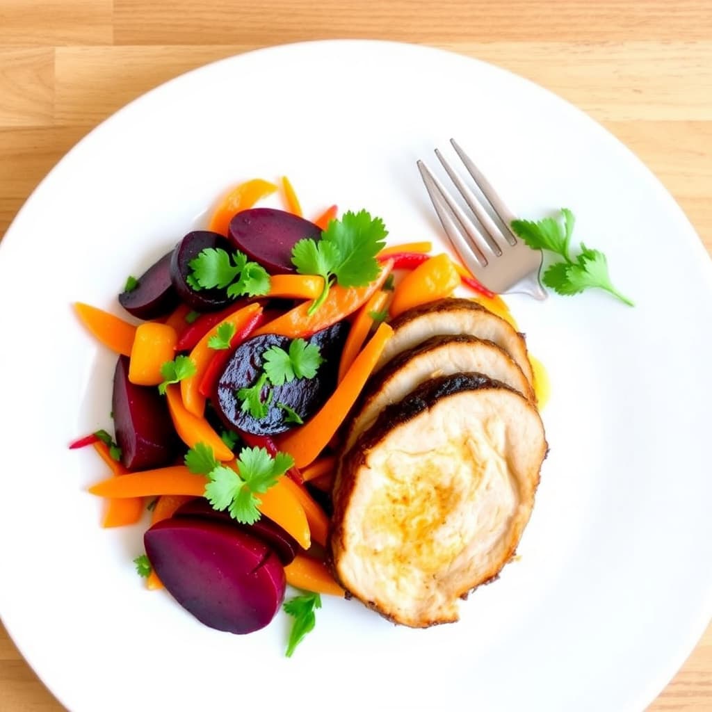 Honning- og gurkemeie-marinerte svinekjaker med rødbete- og gulrotsalat