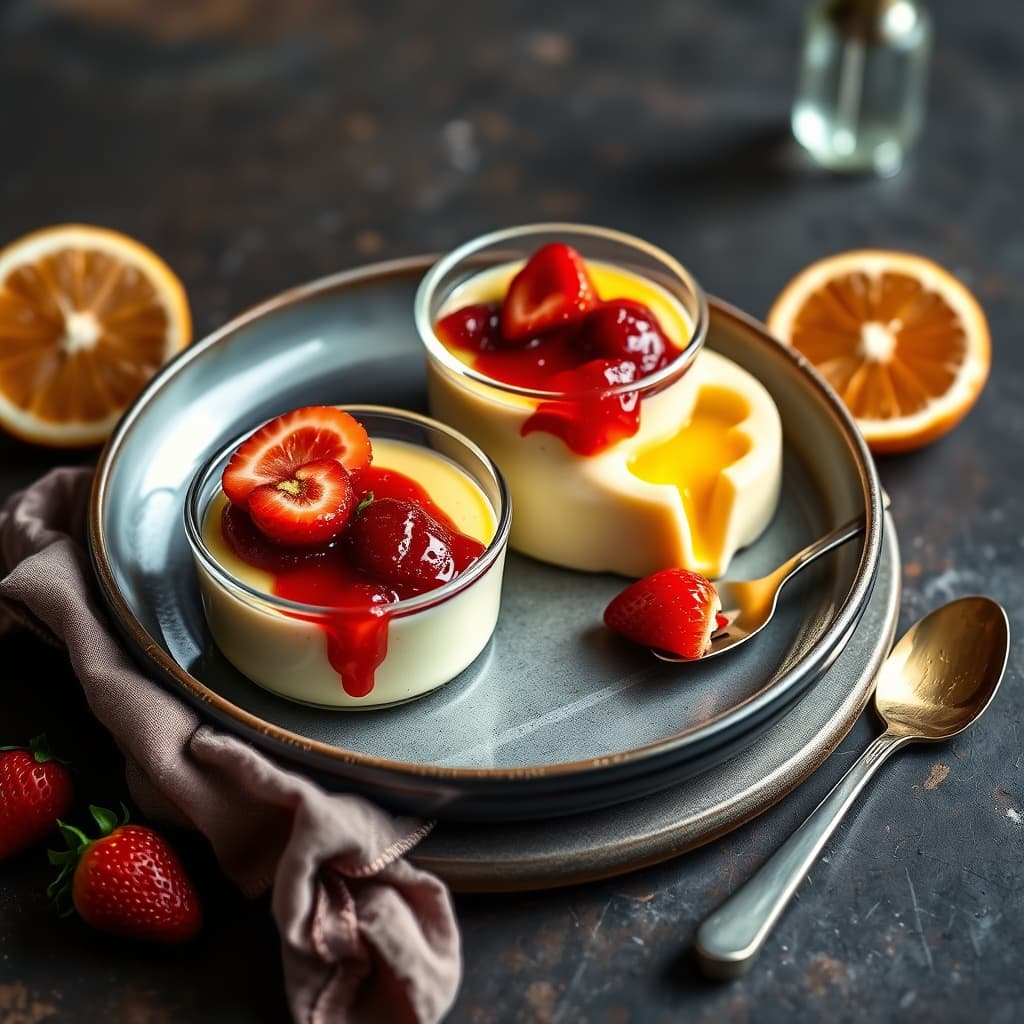 Honning- og kardemommekrem med jordbær- og appelsinkompott