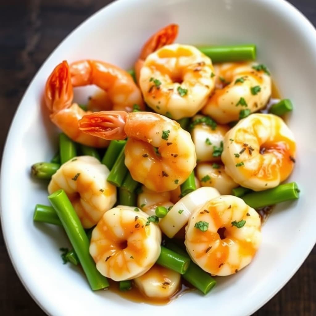 Honning- og sennepsglasert reker og kamskjell