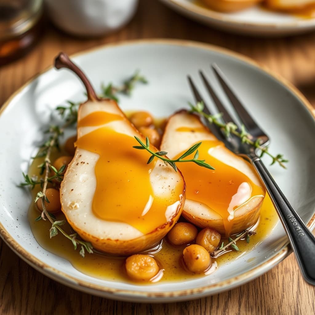 Honning- og sennepssabayone over timianristede pærer