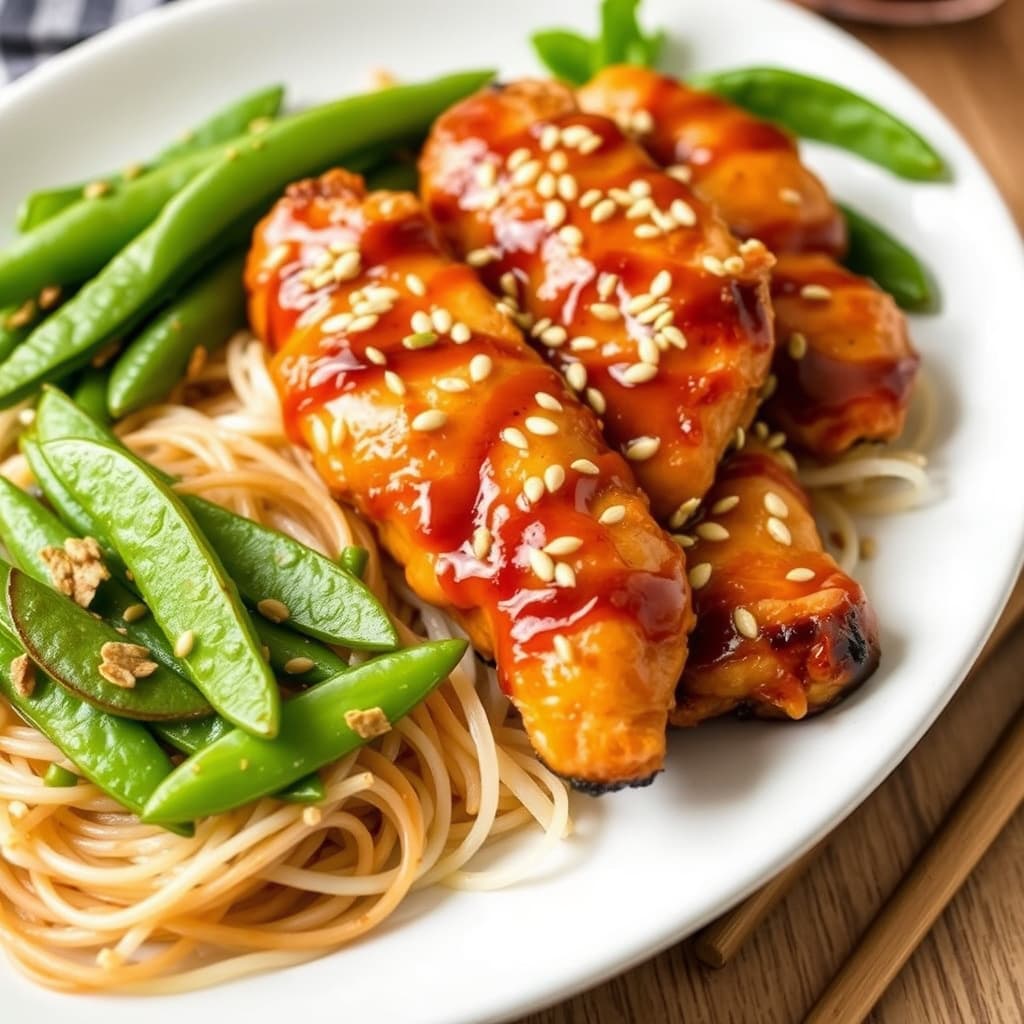 Honning-teriyaki kyllingstrimler med sesamfrø, serafilm-glasnudler og sukkererter