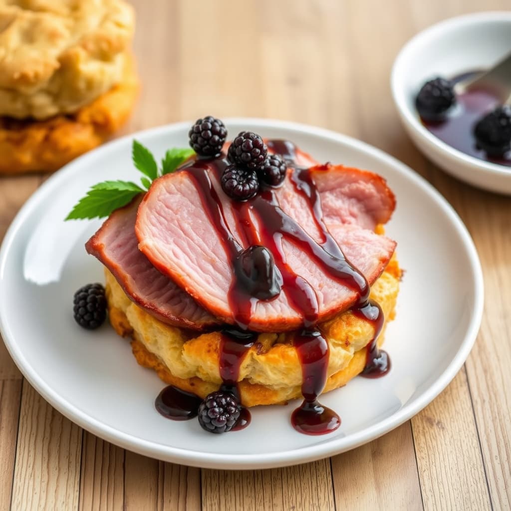 Honningglasert skinke på søtpotetboller med bjørnebær-balsamico-dressing