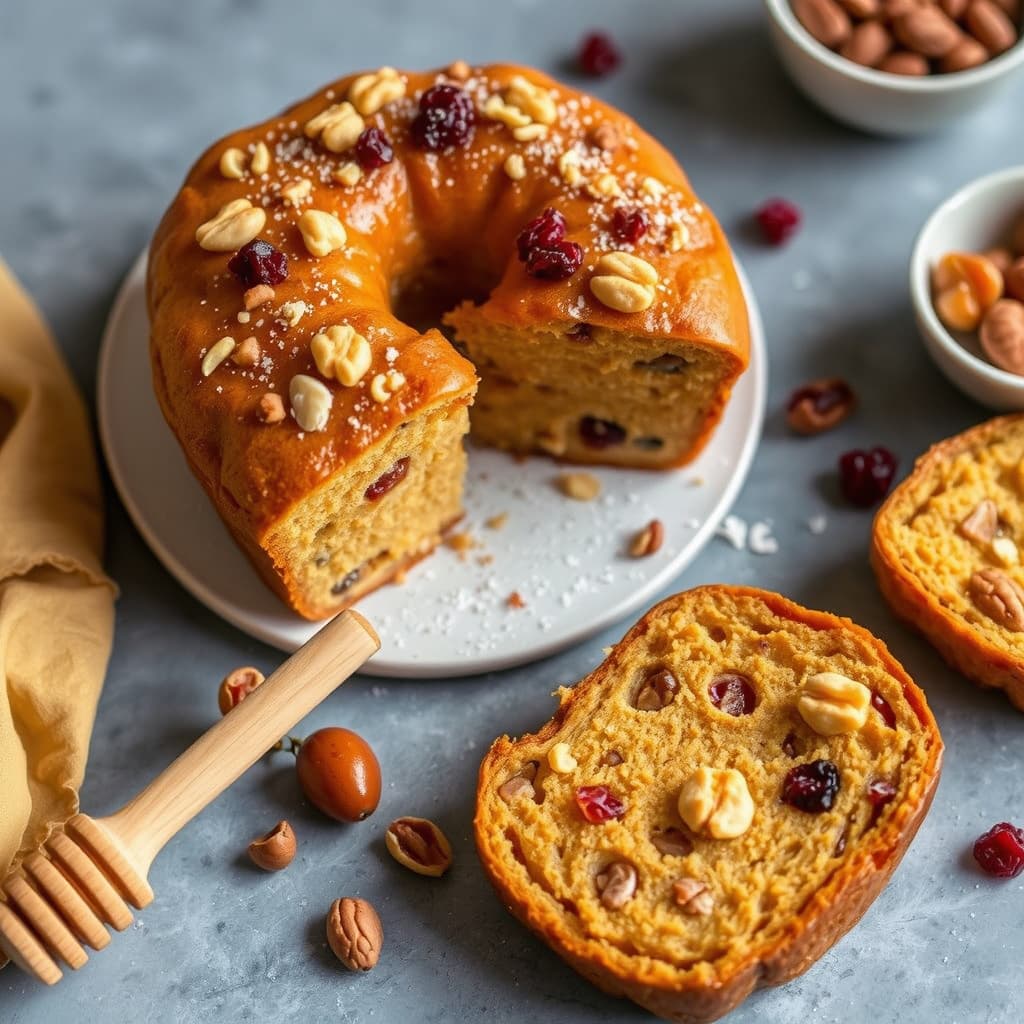 Honningkake med nøtter og tørket frukt