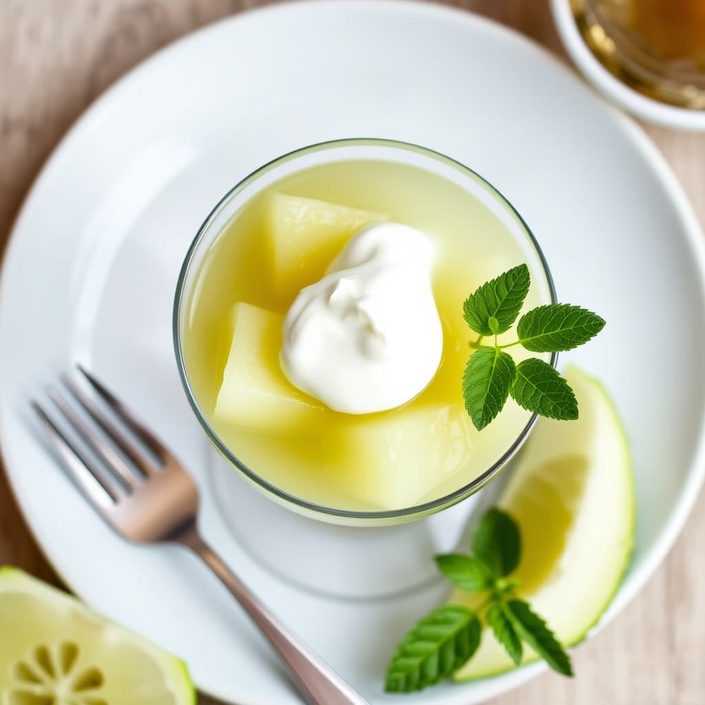 Honningmelon i kardemomme-limesirup med vaniljekrem