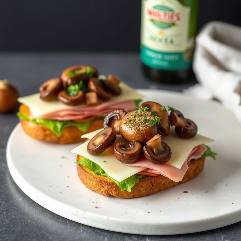 Hot åpne smørbrød med skinke, sveitsisk ost og sopp