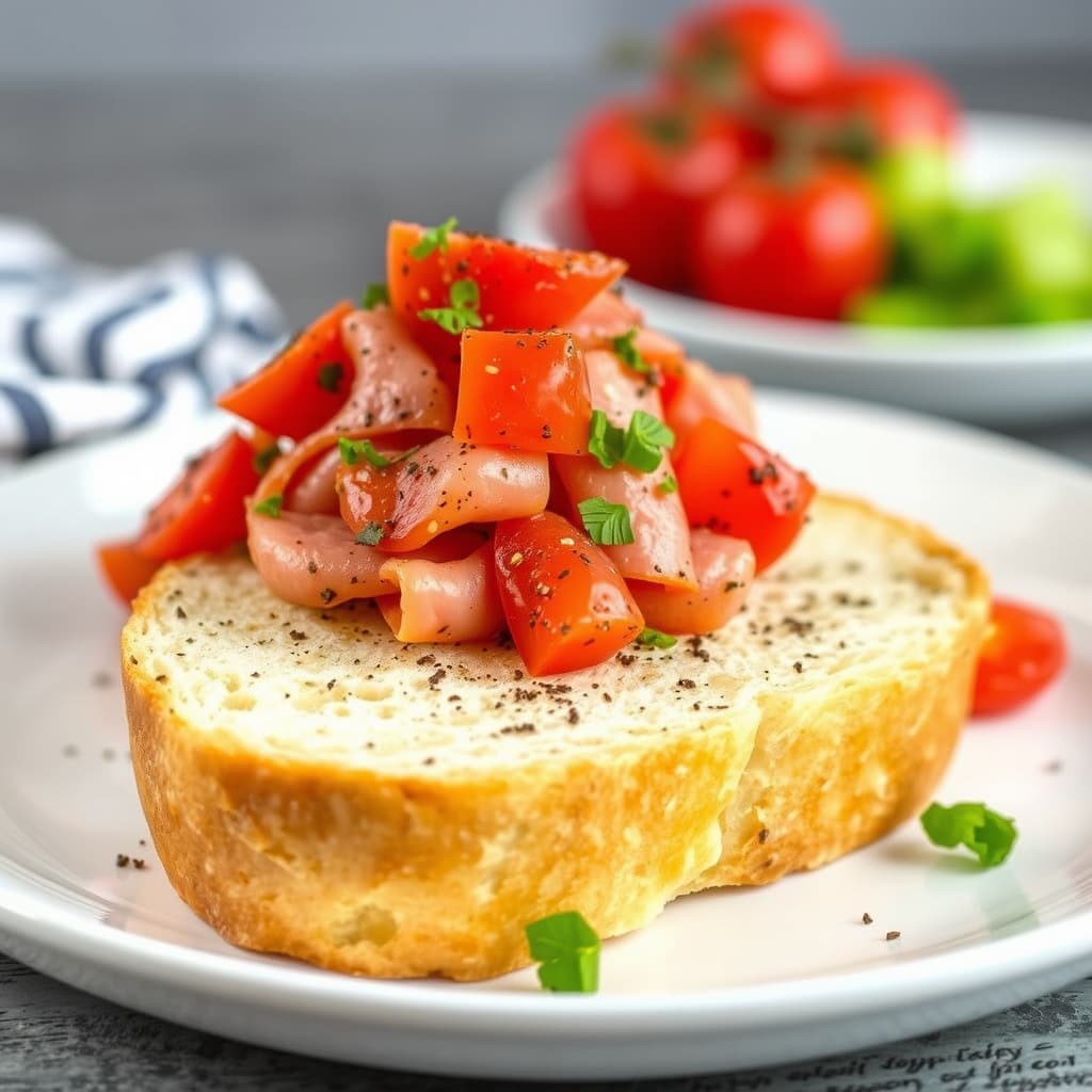 Hott, krydret fransk brød med skinke og tomater