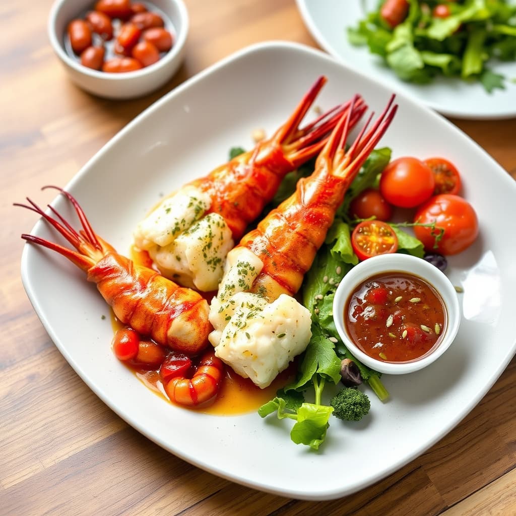 Hummer med kandiserte tomater, chutney og salat med sesamfrø