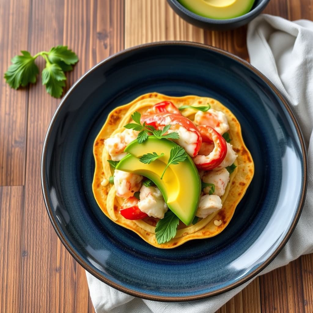 Hummer og avokado på en "blomst" tortilla