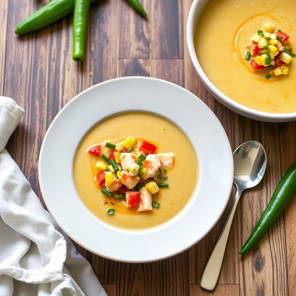 Hummer- og grønn chilibisque med ristet maisrelish