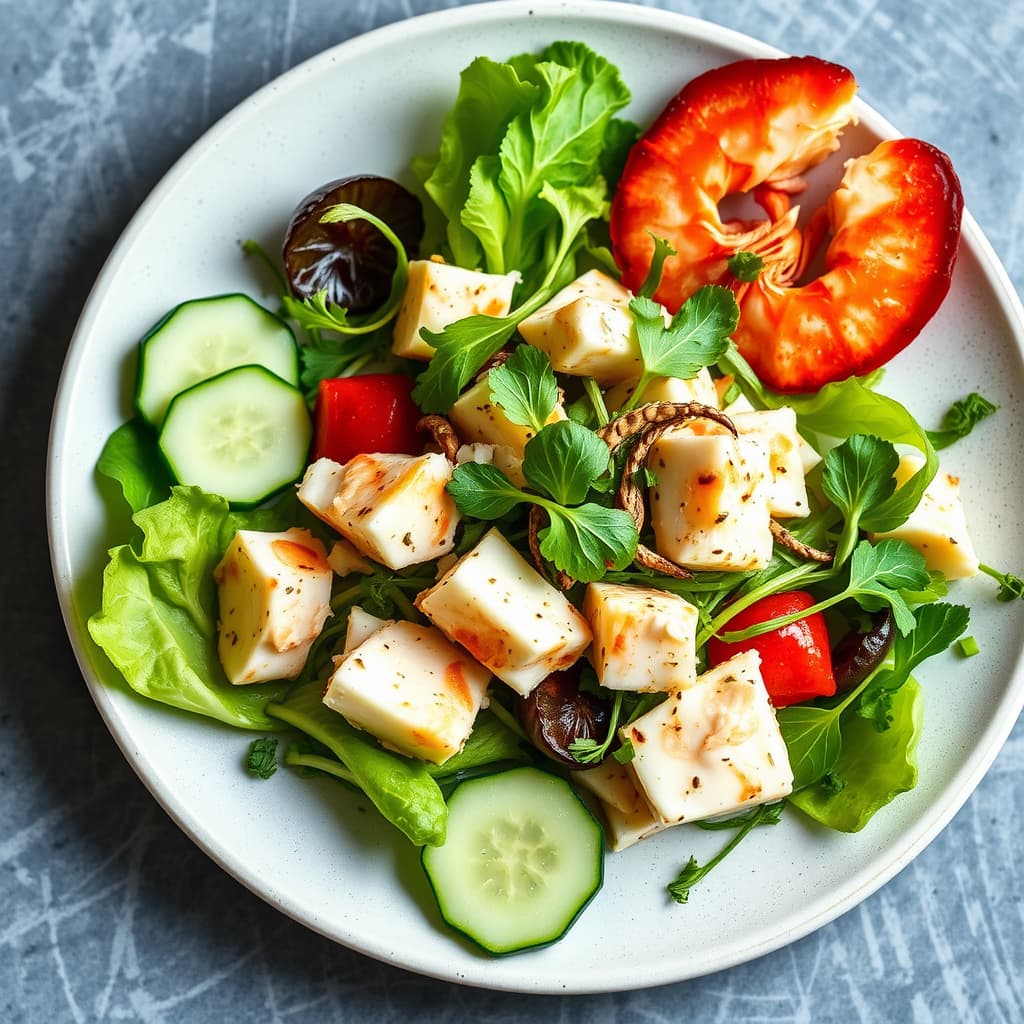 Hummer- og ingefærsalat med konfitert ingefær, agurk og unge spirer