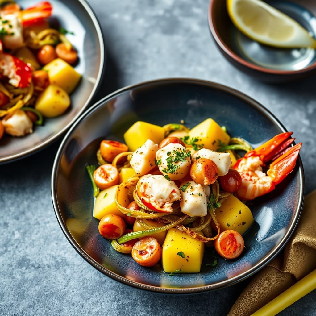 Hummer- og rekesalat med safranpoteter og sprø purre