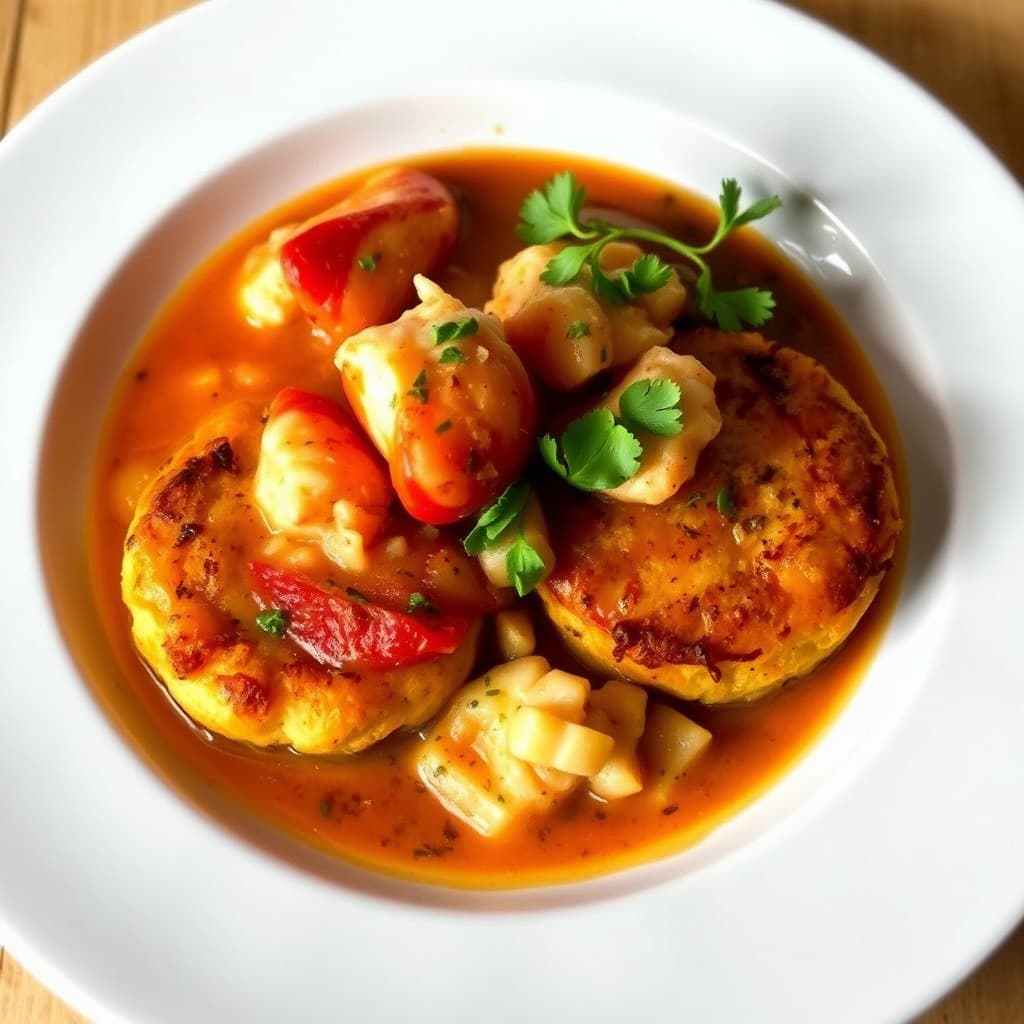 Hummergryte med ovnsbakte potetkaker med rød paprika