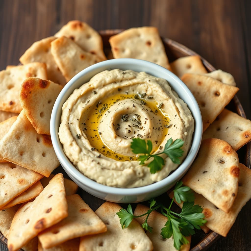Hummus med urterik pita-krokant