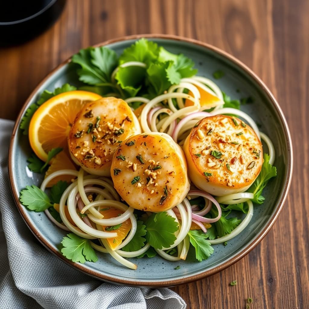 Hval og sesamskrellede kamskjell med appelsin- og fennikelsalat