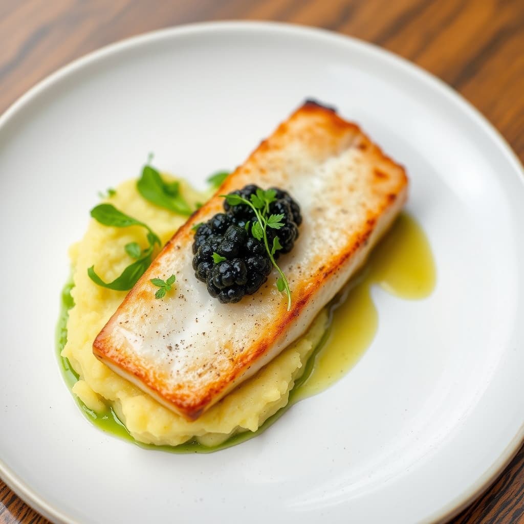 Hvalbiff av torsk med kaviar, erteknopper og potetmos av Yukon Gold-poteter