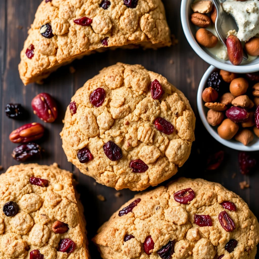 Hvetegrynscones med tørket frukt og nøtter