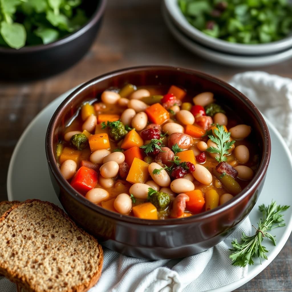 Hvit bønne- og grønnsaks-cassoulet med milletbunn