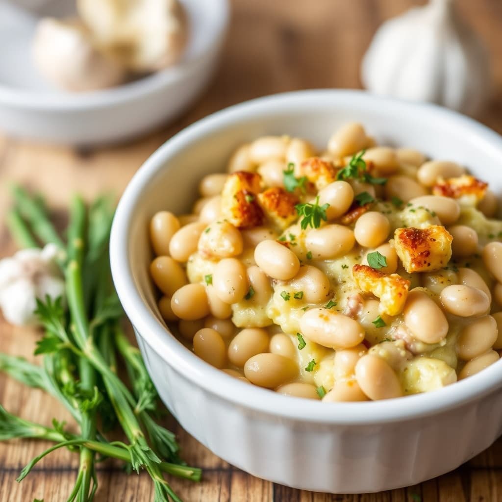 Hvit bønnegrateng med hvitløk