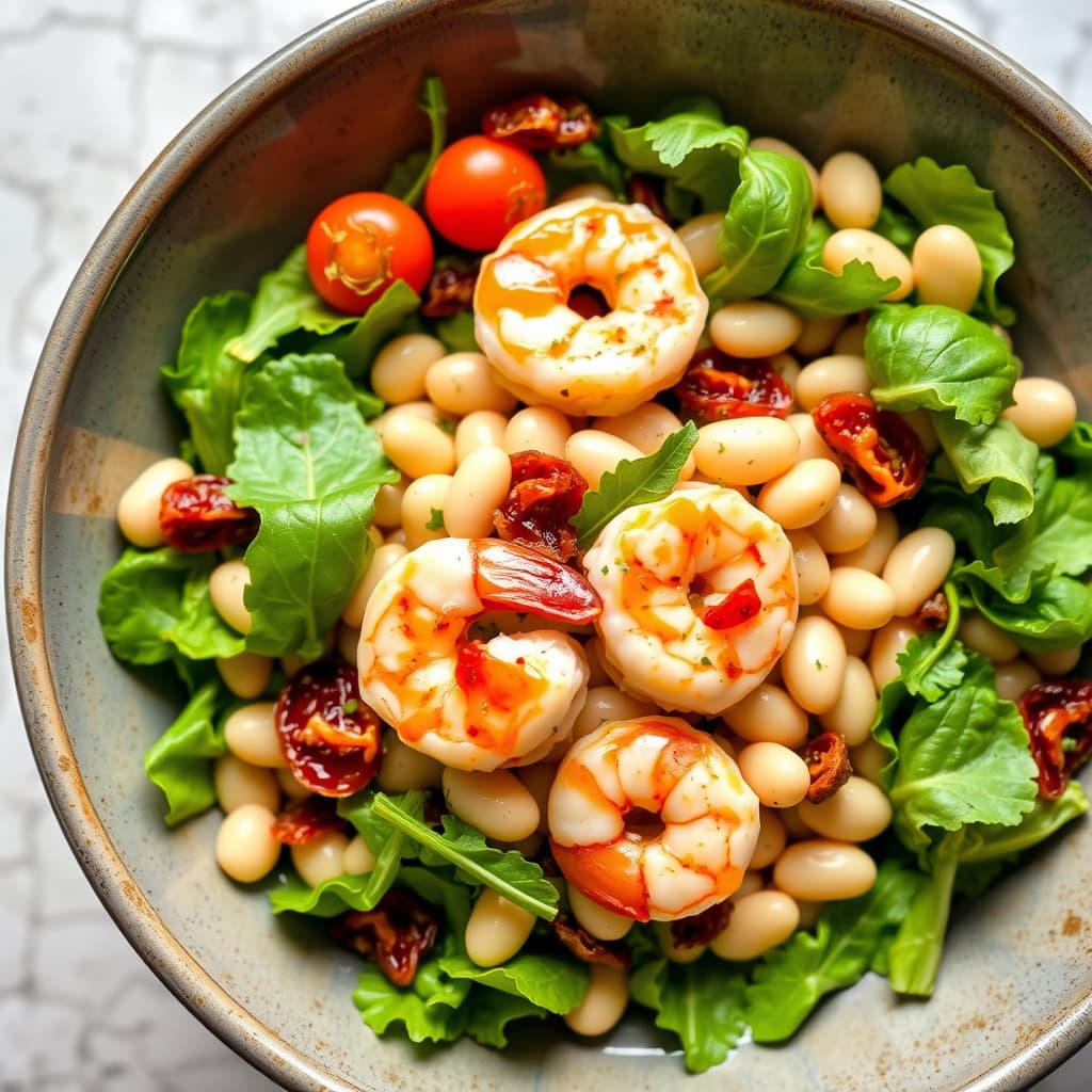 Hvit bønnesalat med reker og soltørket tomatvinaigrette