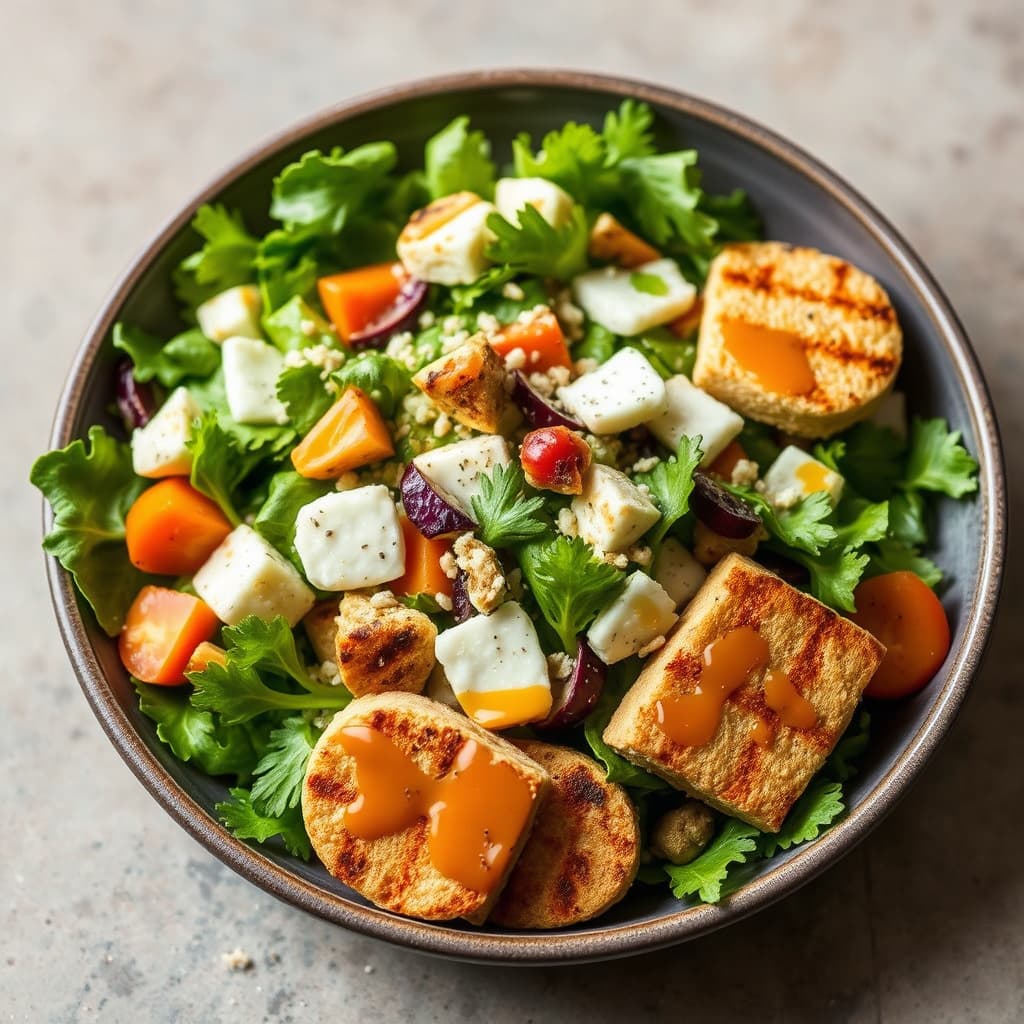 Hvit cikoriasalat med aprikosdressing og grillede helhvete pita-croutoner