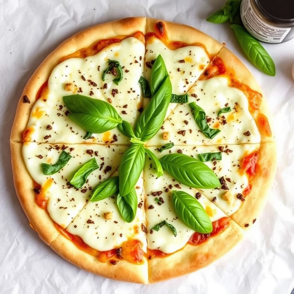 Hvit fire-oste-pizza med basilikum og hvitløk