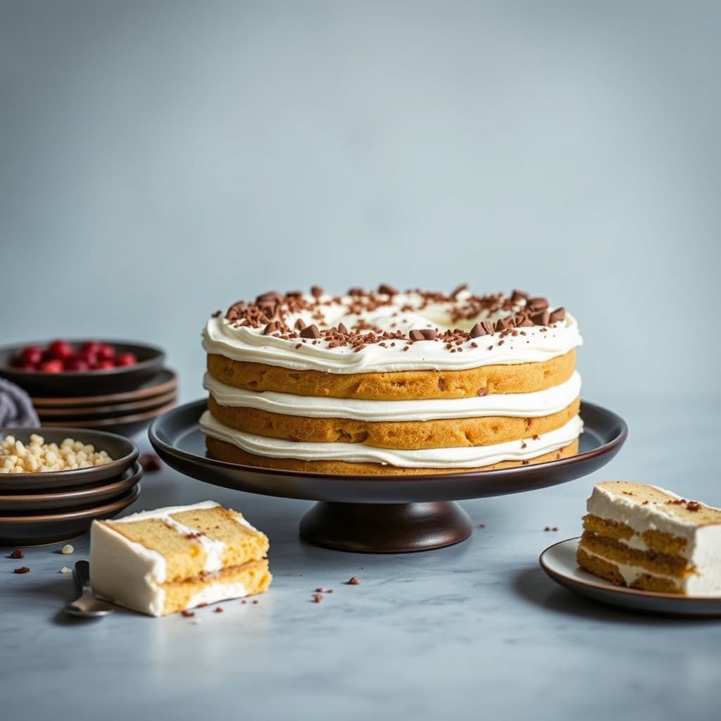 Hvit mandeltiramisu-kake med sveitsisk marengs-smørkrem