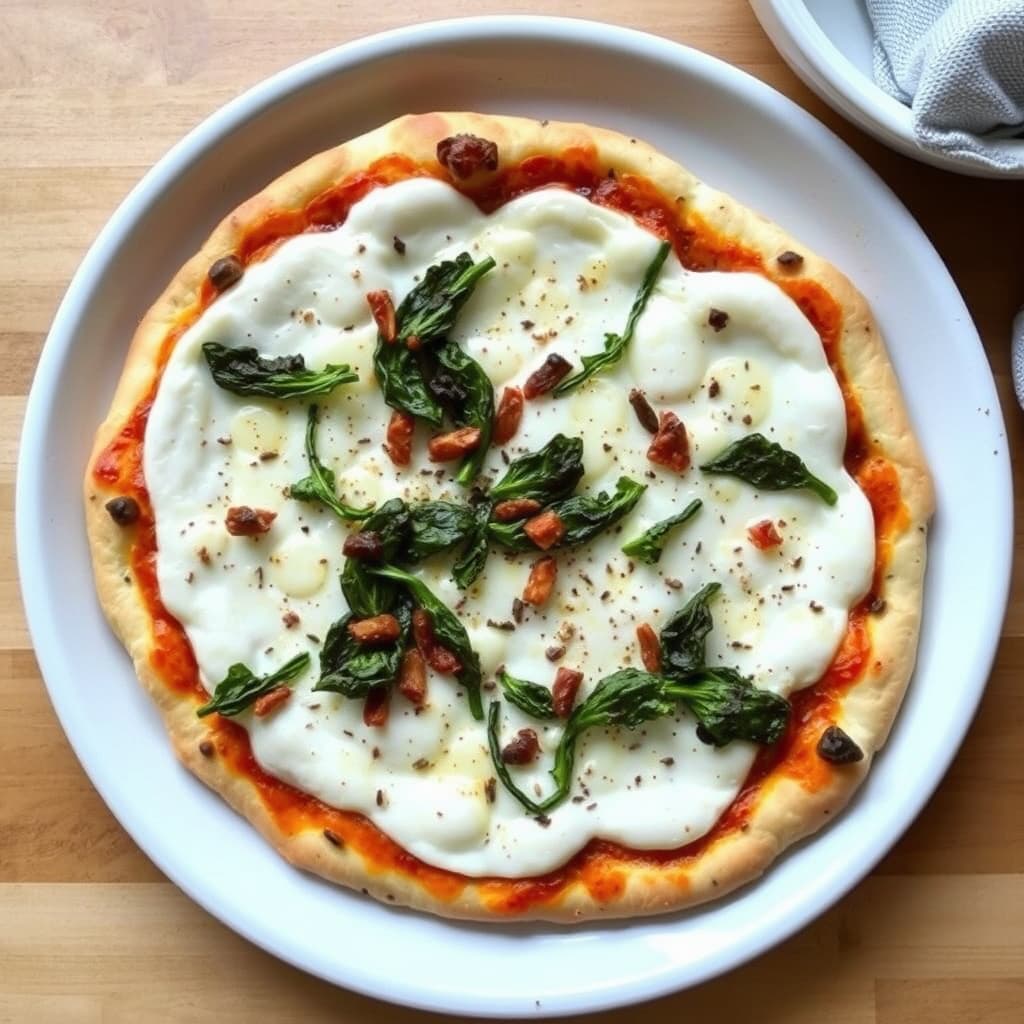 Hvit pizza med indisk krydrede grønnsaker