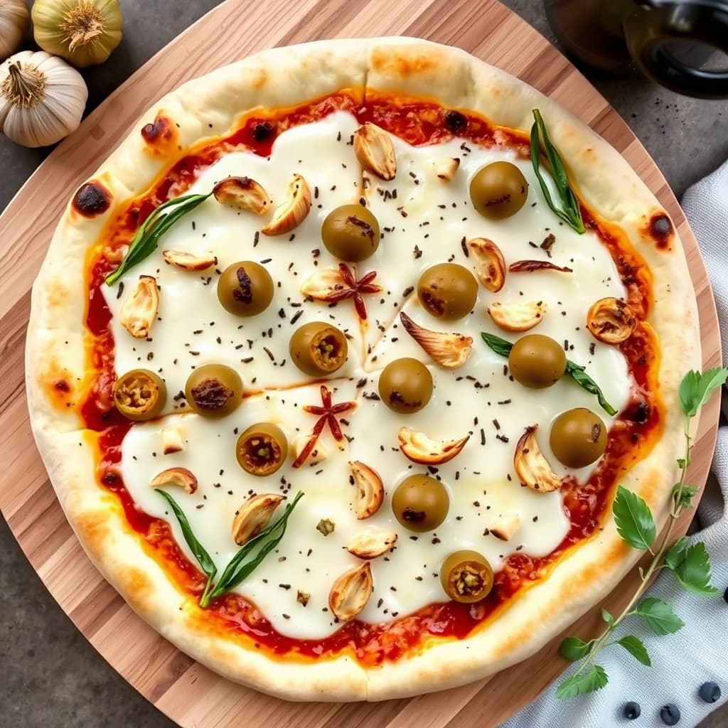 Hvit pizza med ovnsbakt hvitløk og grønne oliven