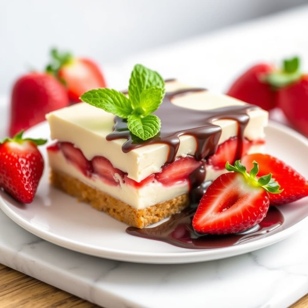 Hvit sjokolade- og jordbærterrine med mørk sjokoladesaus