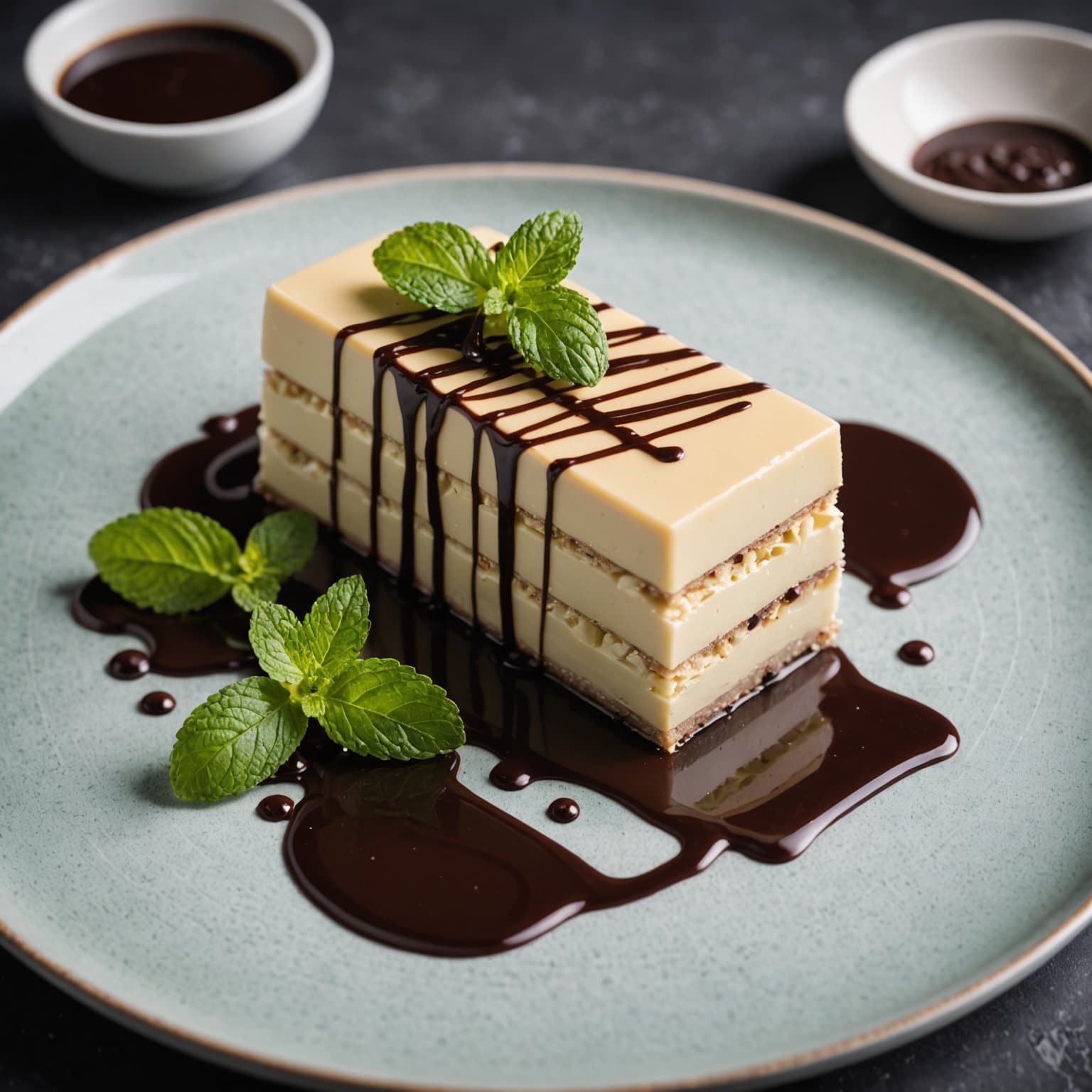 Hvit sjokolade- og mynteterrin med mørk sjokoladesaus