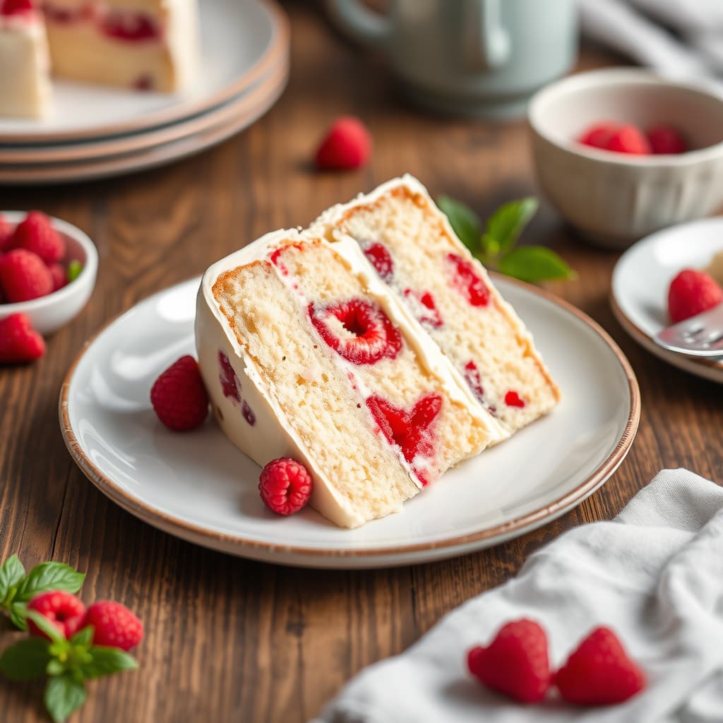 Hvit sjokoladekake med ferske bringebær