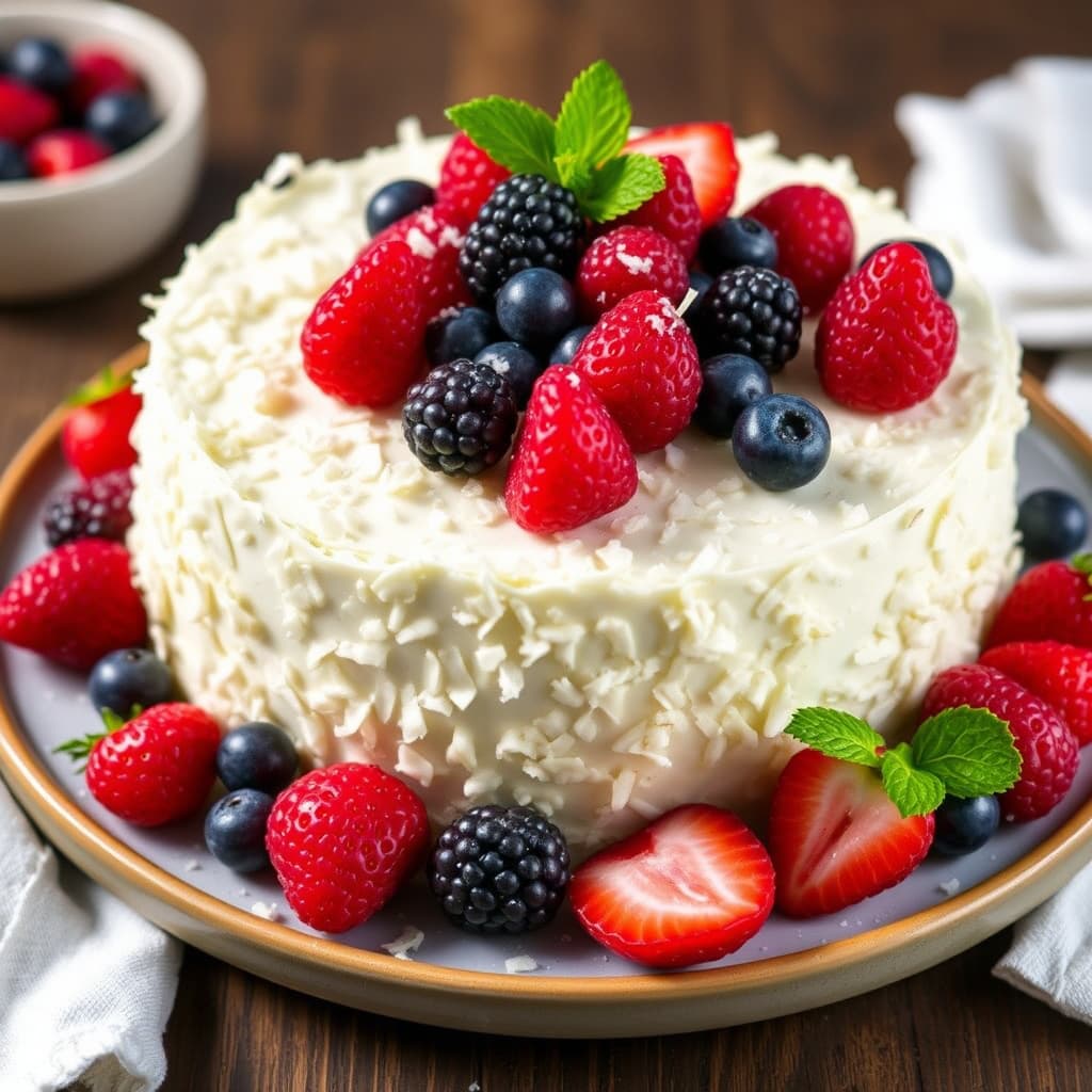Hvit sjokoladekake med kokos og macererte blandede bær